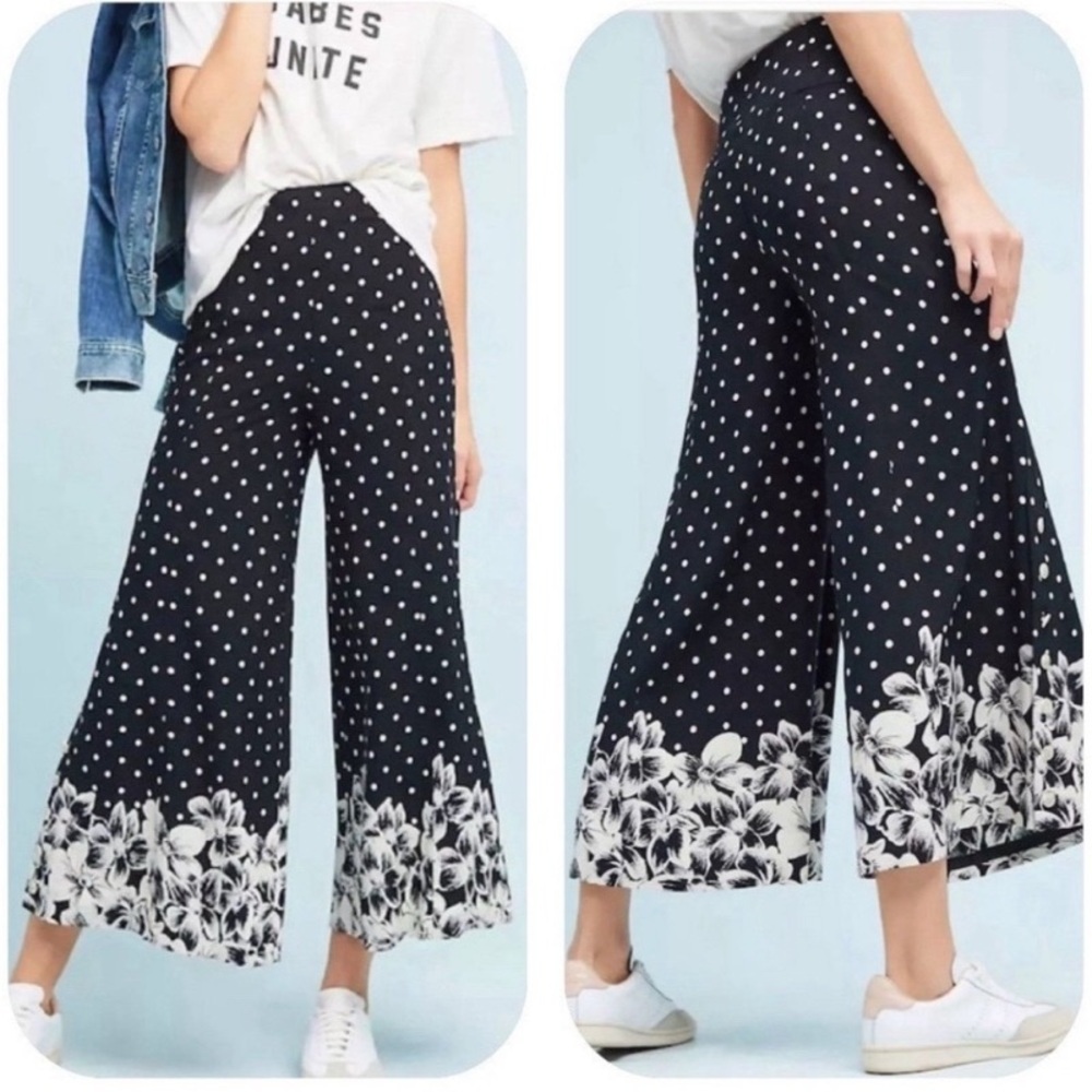 Anthropologie Ett Twa black polka dot floral wide leg pants size 4